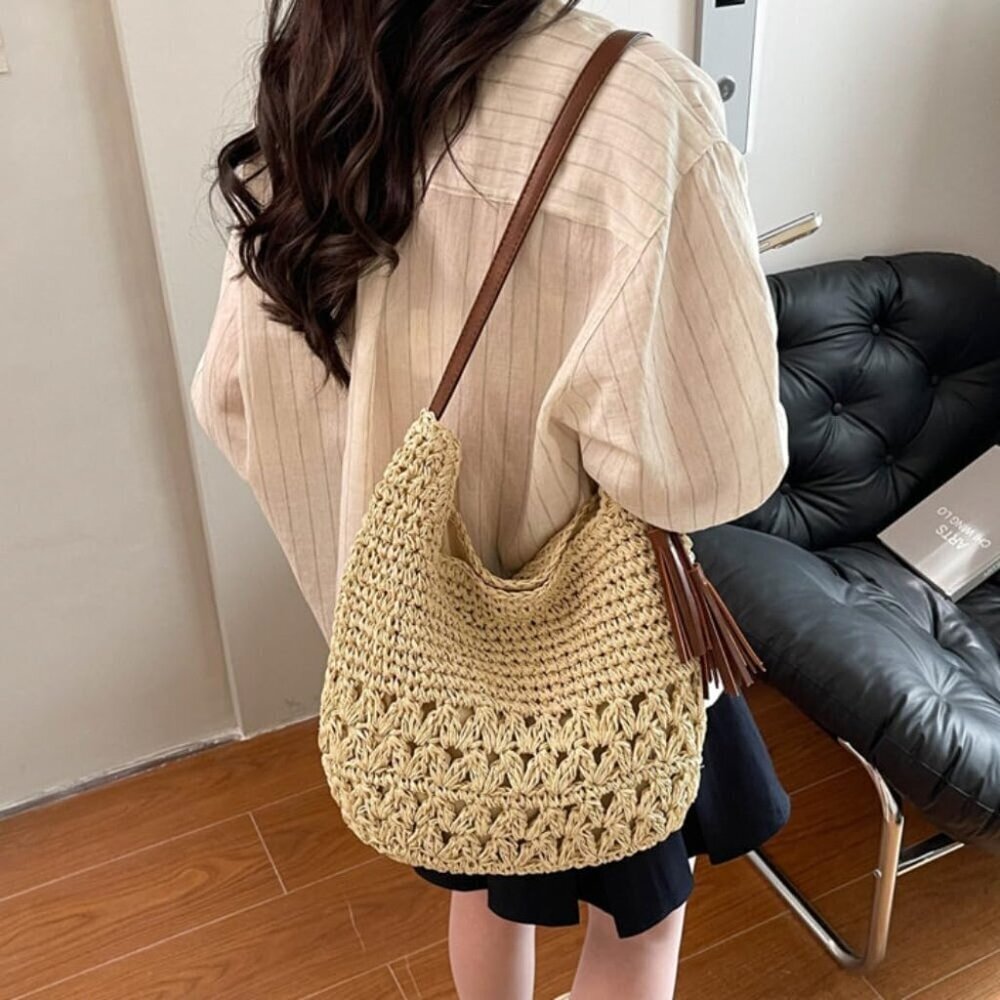 Women's Straw Woven Tote Bag Handmade Crochet Beach Vacation Shoulder Bag - Picture 3 of 8